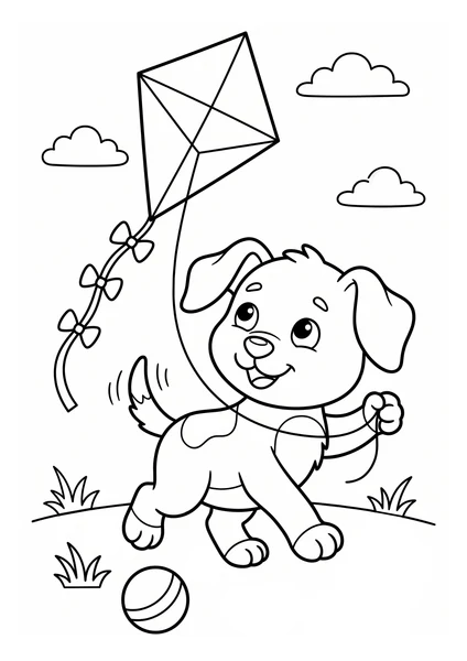 Cute Puppy Flying Kite with Ball and Clouds Coloring Page coloring page