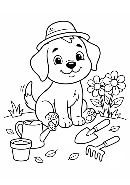 Cute Puppy Gardening with Watering Can and Tools Coloring Page coloring page