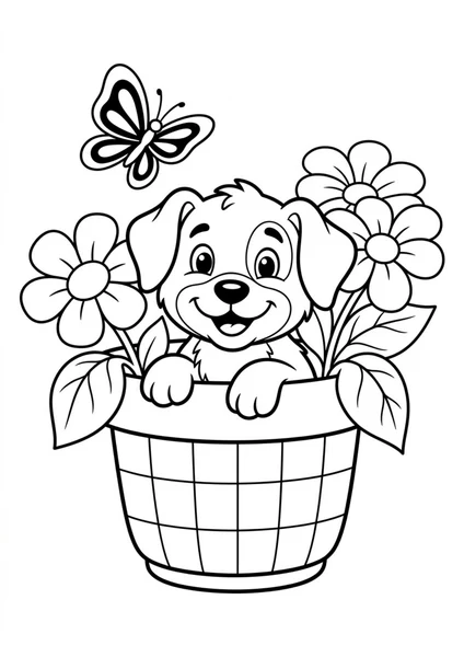 Cute Puppy in Flower Basket with Butterfly Coloring Page coloring page