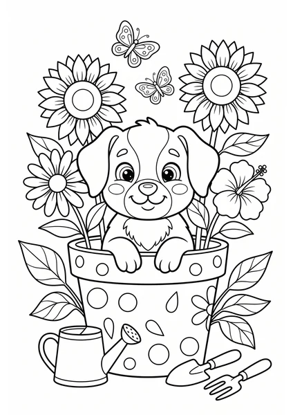 Cute Puppy in Flower Pot with Butterflies and Garden Tools Coloring Page coloring page