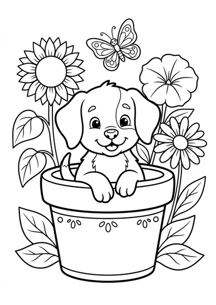 Cute Puppy in Flower Pot with Butterfly and Flowers Coloring Page coloring page