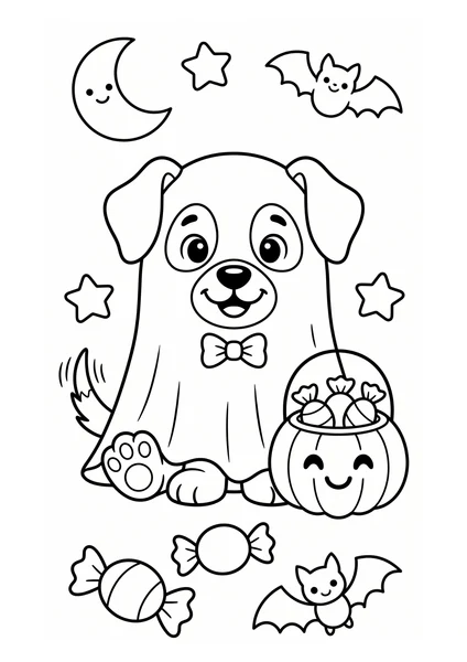 Cute Puppy in Ghost Costume with Pumpkin Candy Bucket Coloring Page coloring page