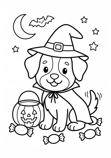 Cute Puppy in Witch Hat with Pumpkin Candy Coloring Page coloring page