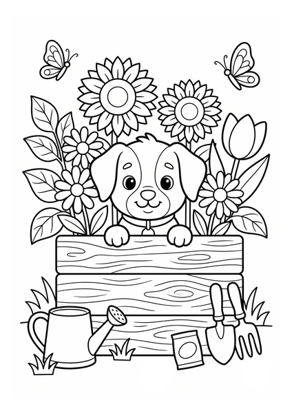 Cute Puppy in Wooden Flower Planter with Garden Tools Coloring Page coloring page