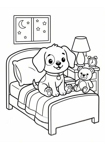 Cute Puppy on Bed with Teddy Bear and Night Window Coloring Page coloring page