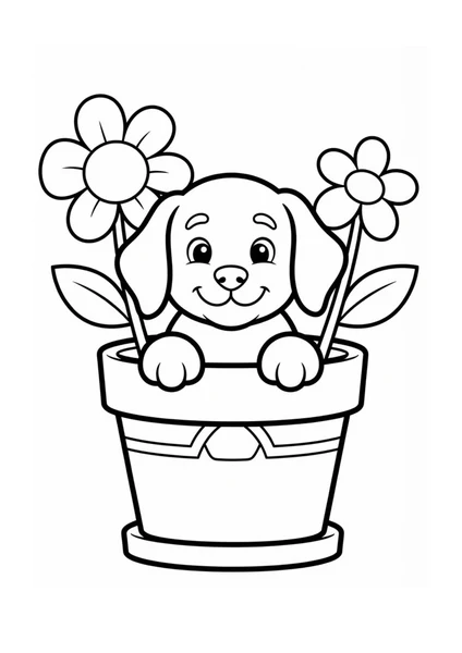 Cute Puppy Peeking from Flower Pot with Daisies Coloring Page coloring page