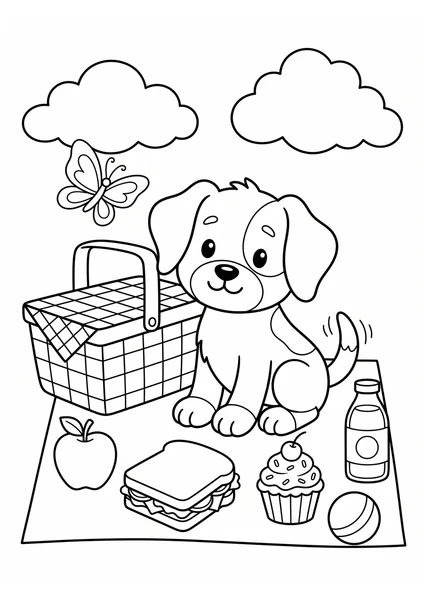 Cute Puppy Picnic with Basket Sandwich and Cupcake Coloring Page coloring page