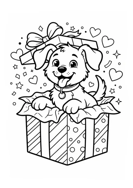 Cute Puppy Popping Out of Gift Box with Bow Coloring Page coloring page