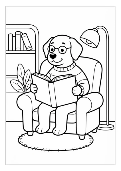 Cute Puppy Reading Book in Armchair with Glasses Coloring Page coloring page