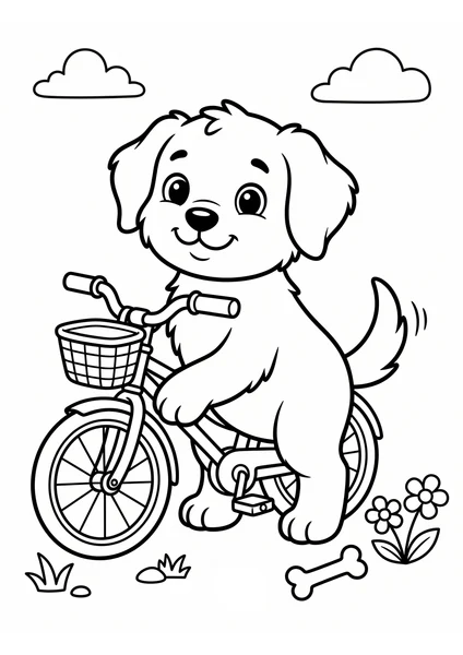 Cute Puppy Riding Bicycle with Basket and Flowers Coloring Page coloring page