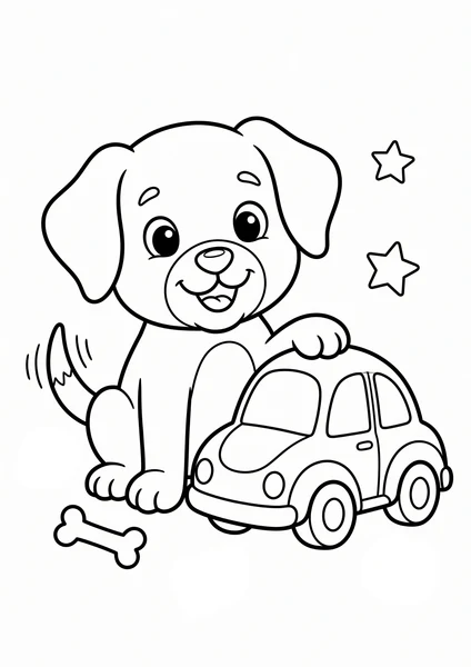 Cute Puppy Sitting Beside Toy Car with Bone Coloring Page coloring page