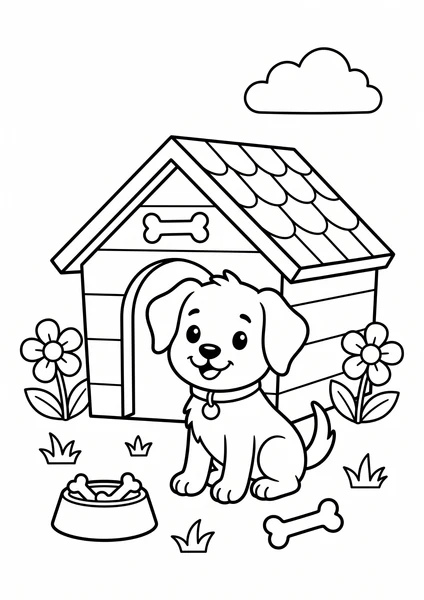 Cute Puppy Sitting by Doghouse with Bones and Flowers Coloring Page coloring page