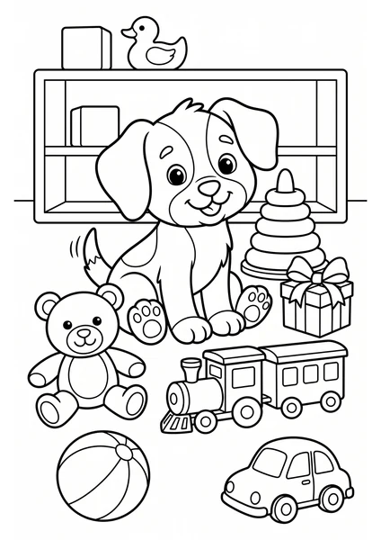 Cute Puppy Surrounded by Teddy Bear Train and Toys Coloring Page coloring page