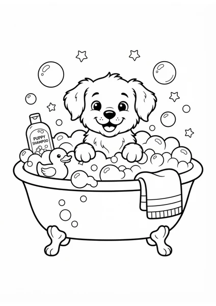 Cute Puppy Taking Bubble Bath with Rubber Duck Coloring Page coloring page