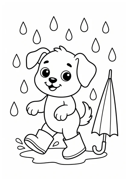Cute Puppy Walking in Rain Boots Beside Umbrella Coloring Page coloring page