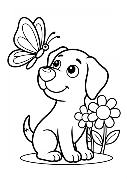 Cute Puppy Watching Butterfly Beside Flowers Coloring Page coloring page