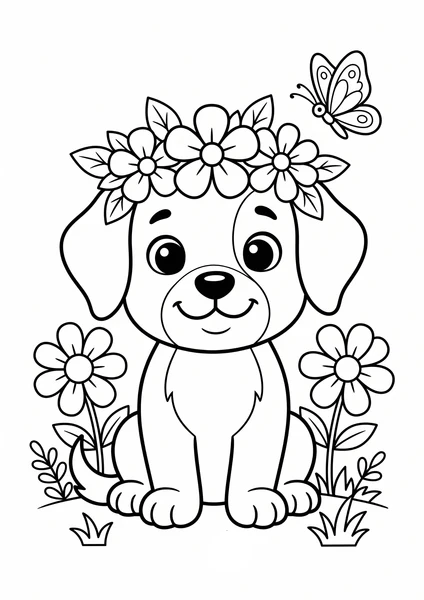 Cute Puppy Wearing Flower Crown with Butterfly Coloring Page coloring page