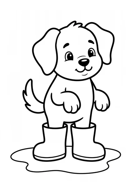 Cute Puppy Wearing Rain Boots in Puddle Coloring Page coloring page