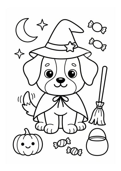 Cute Puppy Witch with Broom Pumpkin and Candy Coloring Page coloring page