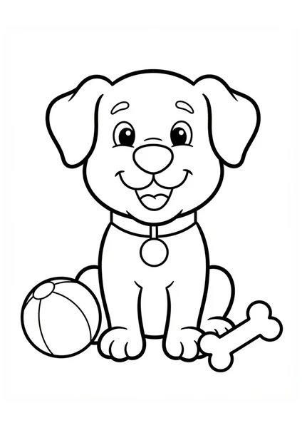 Cute Puppy with Ball and Bone Coloring Page coloring page