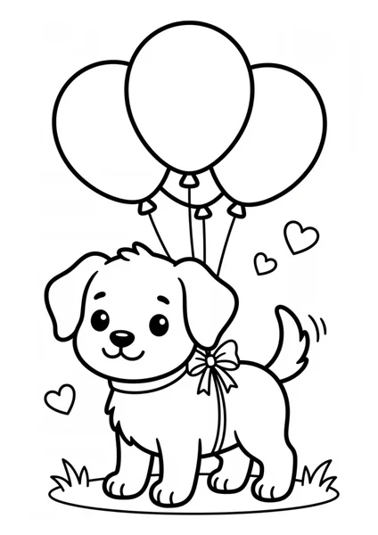 Cute Puppy with Balloons Bow and Hearts Coloring Page coloring page