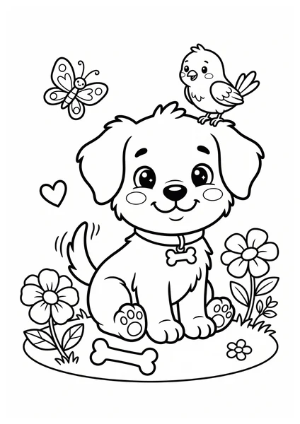 Cute Puppy with Bird Butterfly Flowers and Bone Coloring Page coloring page
