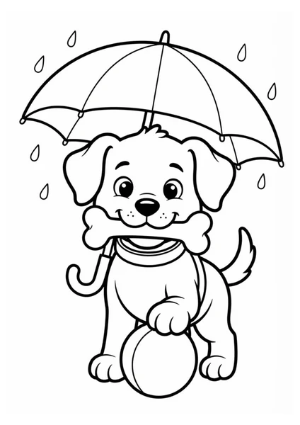 Cute Puppy with Bone and Umbrella in Rain Coloring Page coloring page
