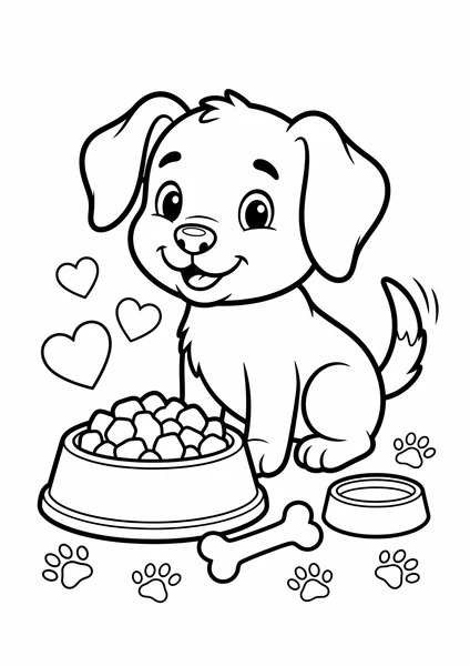 Cute Puppy with Food Bowl Water Bowl and Bone Coloring Page coloring page