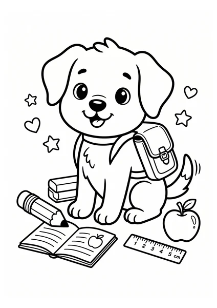 Cute Puppy with School Backpack Books and Pencil Coloring Page coloring page
