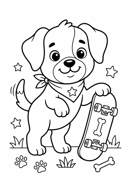 Cute Puppy with Skateboard Bandana and Bone Coloring Page coloring page