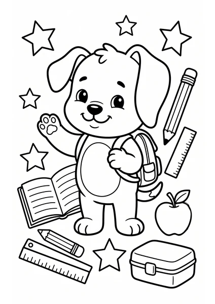Cute School Puppy with Backpack Books and Pencils Coloring Page coloring page