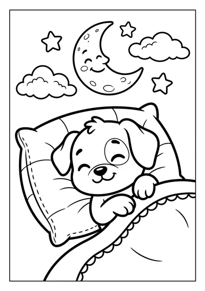 Cute Sleeping Puppy in Bed Under Moon and Stars Coloring Page coloring page