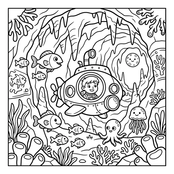 Cute Submarine Underwater Adventure Coloring Page coloring page