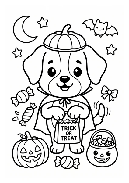 Cute Trick or Treat Puppy with Pumpkin Hat and Candy Coloring Page coloring page