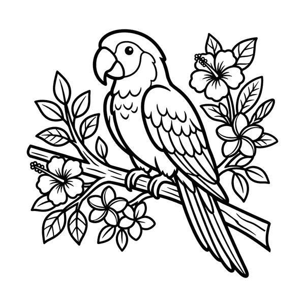 Cute Tropical Parrot on a Branch Coloring Page coloring page