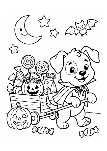 Cute Vampire Puppy Pulling Halloween Candy Wagon Coloring Page coloring page