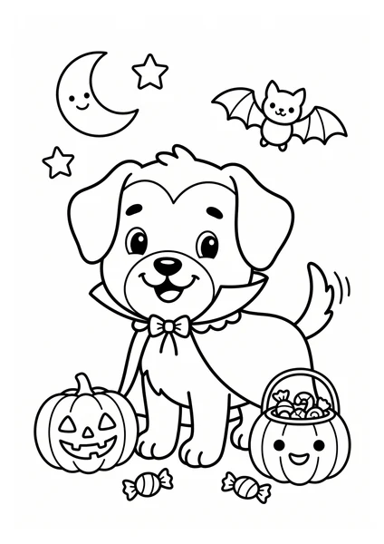 Cute Vampire Puppy with Pumpkin Candy and Bat Coloring Page coloring page