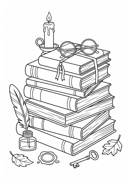 Dark Academia Books, Candle and Vintage Study Objects Coloring Page coloring page