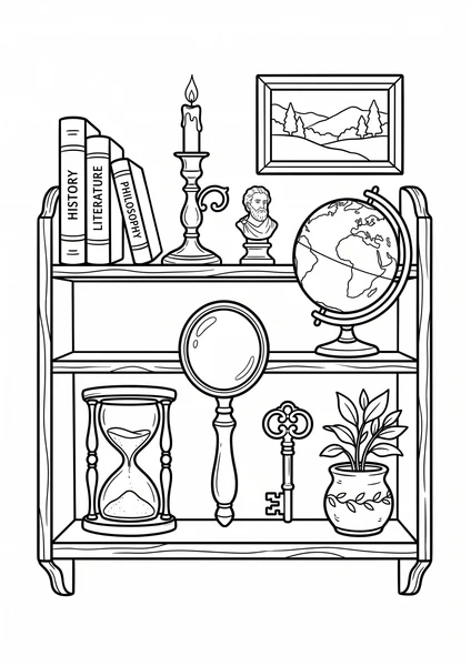 Dark Academia Curiosity Shelf with Books, Globe and Candle Coloring Page coloring page