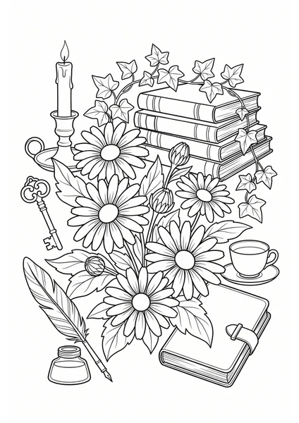 Dark Academia Flowers with Books, Candle and Journal Coloring Page coloring page