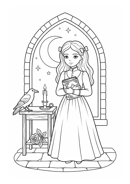 Dark Academia Girl Holding Book with Raven and Moon Coloring Page coloring page