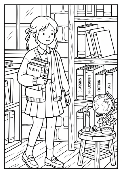 Dark Academia Girl Holding Books in Library Coloring Page coloring page