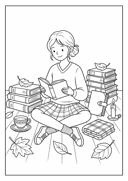 Dark Academia Girl Reading Among Books and Autumn Leaves Coloring Page coloring page