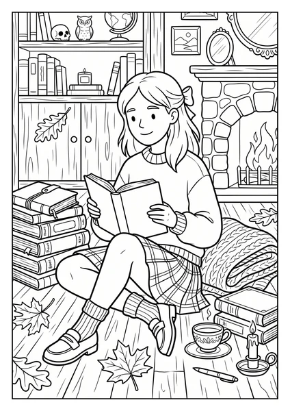 Dark Academia Girl Reading by Fireplace with Books Coloring Page coloring page