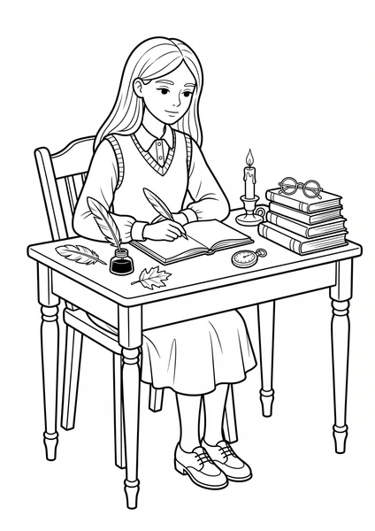 Dark Academia Girl Writing with Quill at Study Desk Coloring Page coloring page