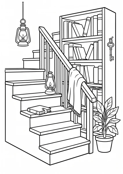 Dark Academia Library Staircase with Lanterns and Books Coloring Page coloring page