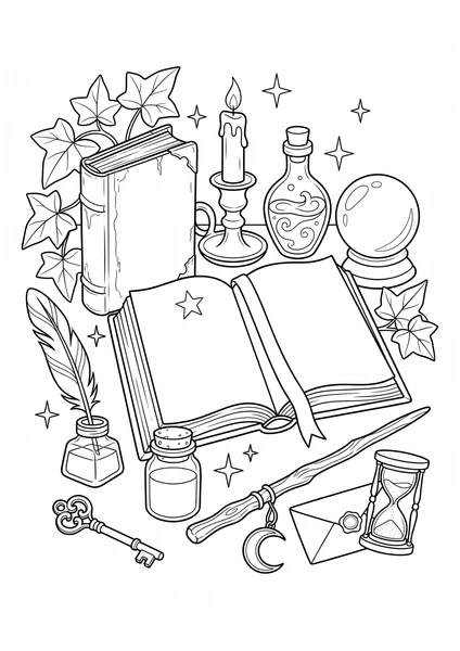 Dark Academia Open Book with Crystal Ball and Candle Coloring Page coloring page