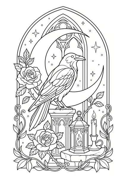 Dark Academia Raven with Crescent Moon and Roses Coloring Page coloring page