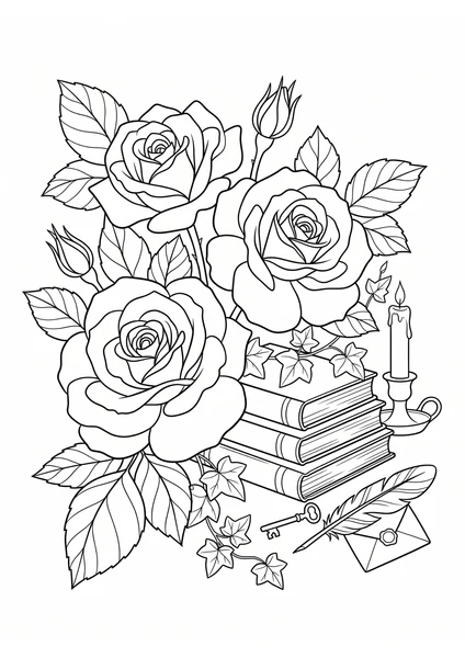 Dark Academia Roses with Books, Candle and Letter Coloring Page coloring page