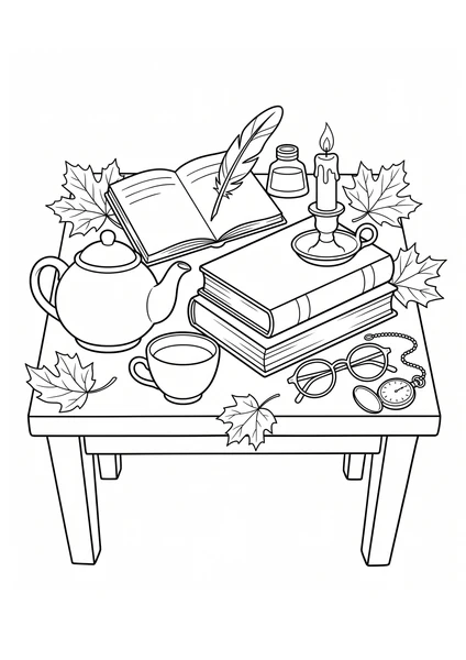Dark Academia Study Table with Books, Quill and Candle Coloring Page coloring page